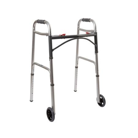 Dual Release Folding Walker with Wheels Adjustable Height McKesson Aluminum Frame 350 lbs. Weight Capacity 32 to 39 Inch Height (EA)