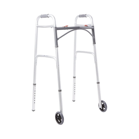 Dual Release Folding Walker with Wheels Adjustable Height McKesson Aluminum Frame 350 lbs. Weight Capacity 32 to 39 Inch Height (EA)