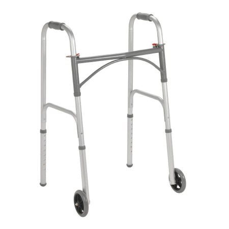 Dual Release Folding Walker with Wheels Adjustable Height McKesson Steel Frame 350 lbs. Weight Capacity 32 to 39 Inch Height (EA)