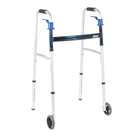 Dual Trigger Release Folding Walker with Wheels Adjustable Height drive* Aluminum Frame 350 lbs. Weight Capacity 32 to 39 Inch Height (EA)